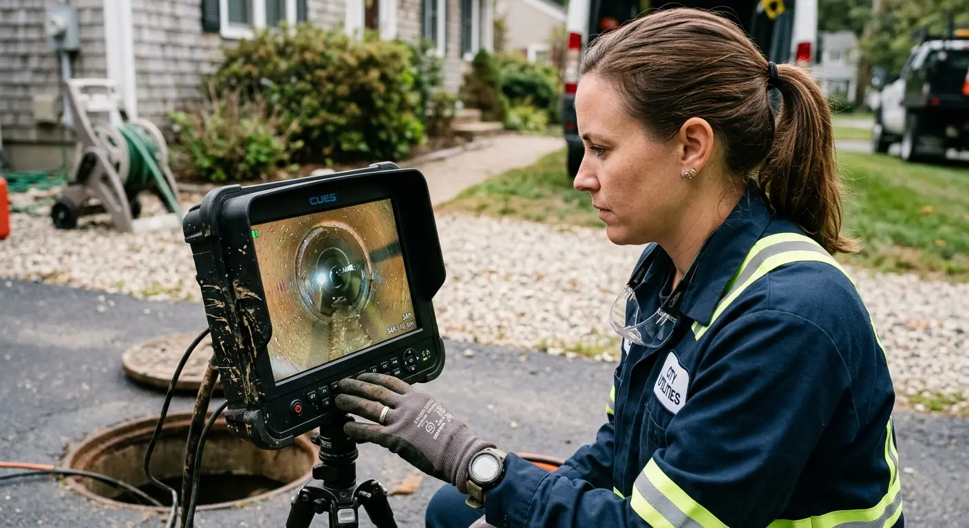 Technician reviewing sewer camera inspection footage in Holliston
