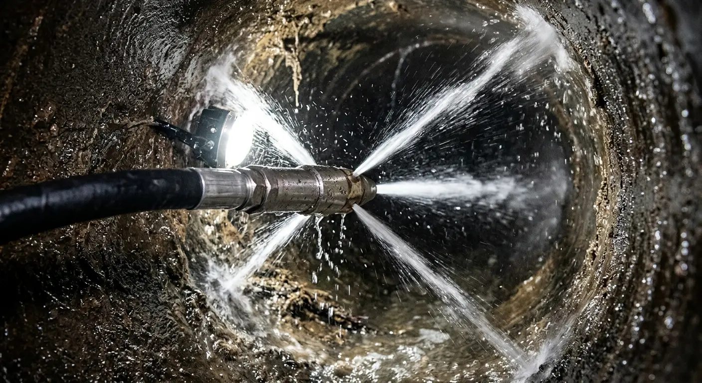 High-pressure hydro jetting nozzle cleaning sewer pipe for Trenchless Sewer Repair in Holliston