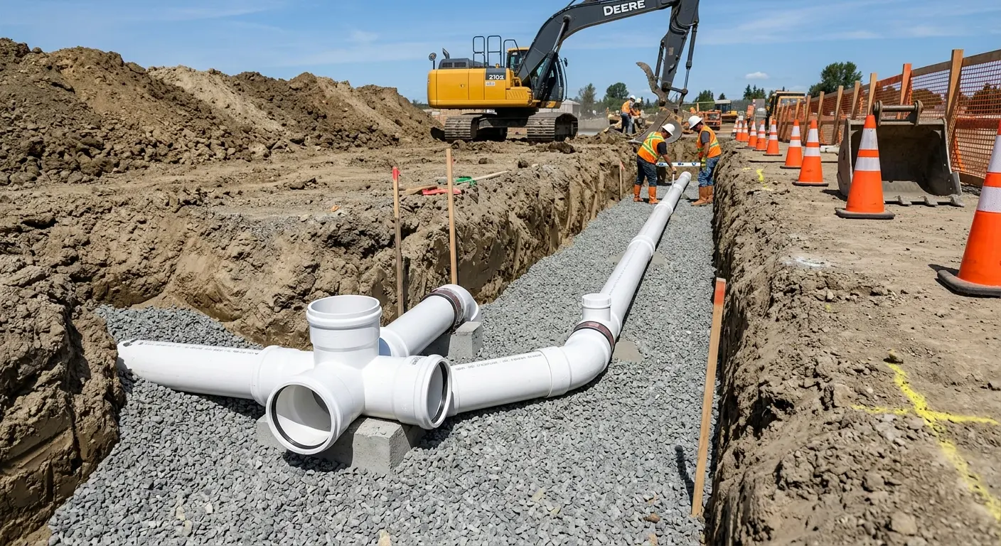 New PVC sewer pipe installation in open trench for Commercial Drain Cleaning in Holliston