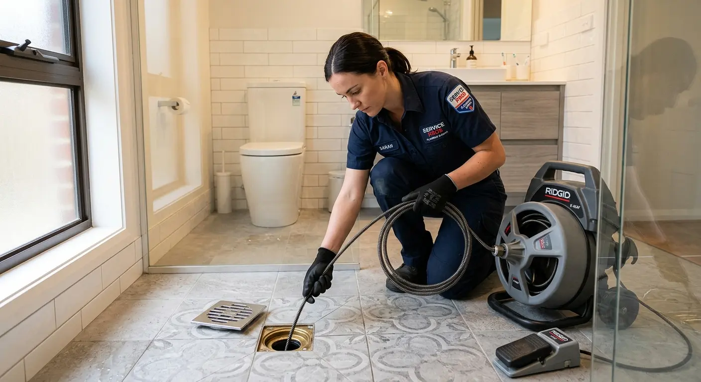 Technician clearing a bathroom floor drain for Drain Cleaning in Holliston